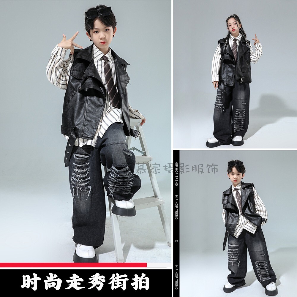 儿童街舞潮服嘻哈男童破洞牛仔裤