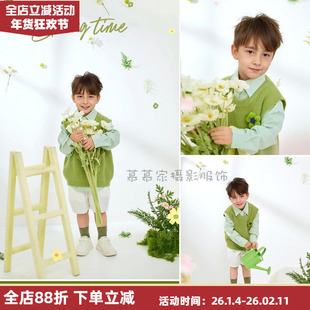 慕慕家森系绿色小清新马甲儿童摄影服春夏纪实风外景艺术写真套装