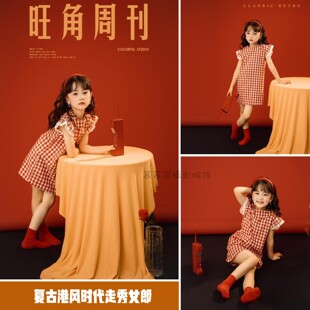 复古港风红白格纹旗袍连衣裙女童时尚80年代走秀拍照写真摄影服装