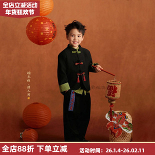 新年中式盘扣高定刺绣男孩影楼拍照主题套装国风儿童摄影礼服套装
