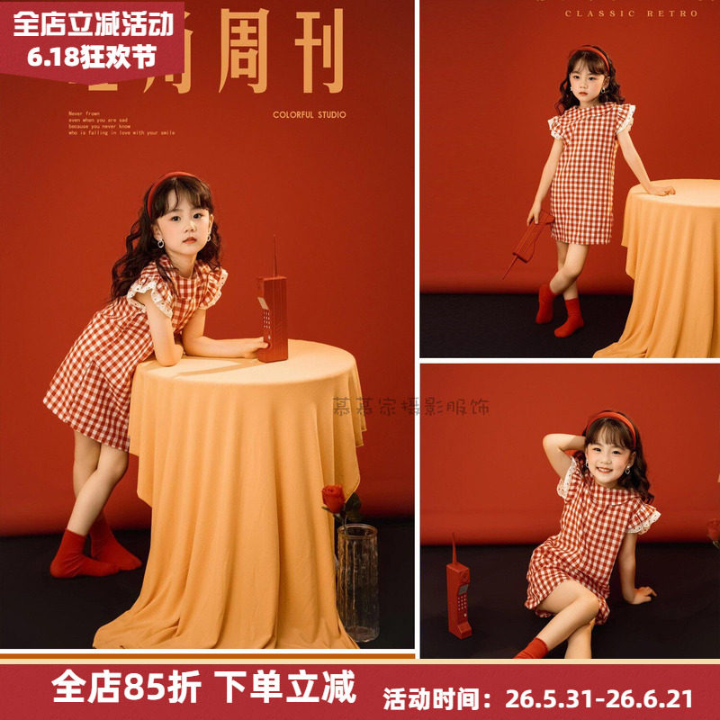 复古港风红白格纹旗袍连衣裙女童时尚80年代走秀拍照写真摄影服装