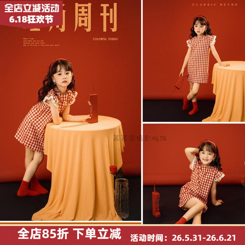 复古港风红白格旗袍女童连衣裙