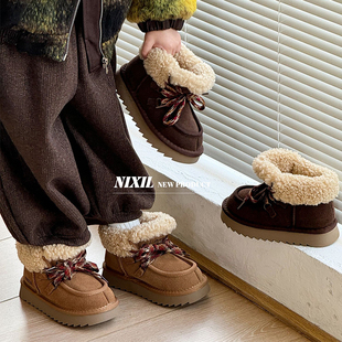 男童真皮软底防水棉靴子 羊羔毛女童大棉鞋 儿童雪地靴2025冬季 新款