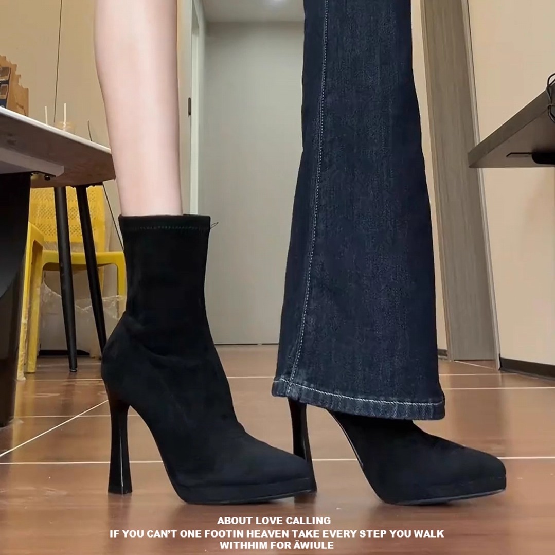 韩版尖头防水台细跟高跟短靴女