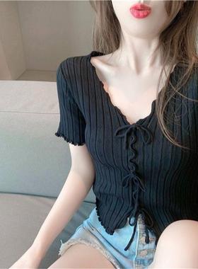 法式V领系带蝴蝶结针织衫短款上衣韩版新款修身网红短袖t恤女ins