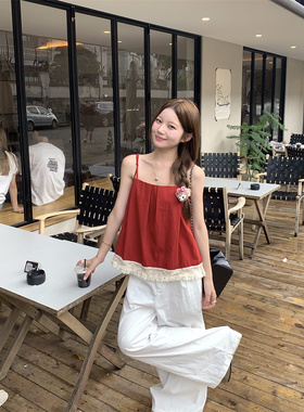 2024夏季度假风蕾丝拼接亚麻都吊带女小个子显瘦红色娃娃上衣