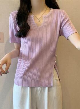 设计感v领短袖侧开叉毛针织衫t恤女夏季白色小个子修身显瘦上衣潮