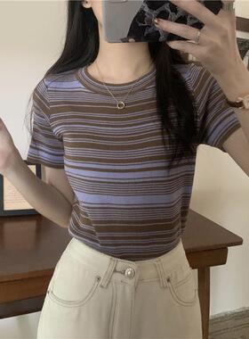 性感蓝色条纹T恤女夏季新款甜辣妹修身显瘦高腰短款短袖上衣ins潮