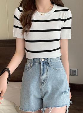 拼色条纹短款圆领冰丝针织T恤夏季新款小香风气质名媛修身上衣潮