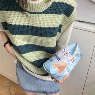 慵懒风撞色毛衣女上衣 2024秋冬针织条纹背心女马甲设计感小众无袖