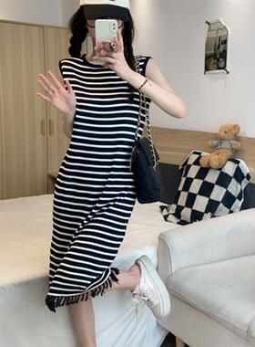 休闲条纹背心裙女夏季无袖上衣裙显瘦过膝流苏长裙法式复古连衣裙