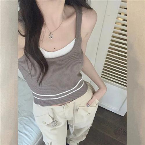 日韩街头风撞色ins假两件吊带背心针织辣妹夏季新款打底短款上衣