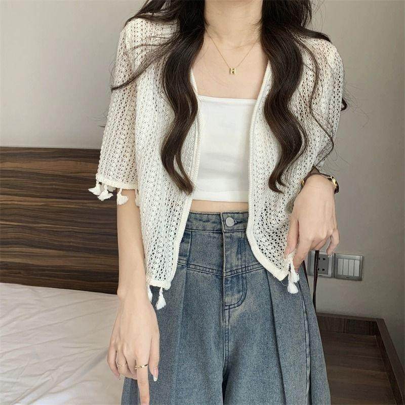 镂空流苏设计针织开衫新款夏季防晒外套民族风吊带裙罩衫短款披肩