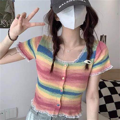 彩虹条纹正肩方领短袖针织衫恤夏季设计感新款显瘦短款上衣