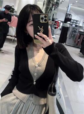 纯欲风领挂脖假两件针织衫女早秋新款时尚修身显瘦减龄短款上衣