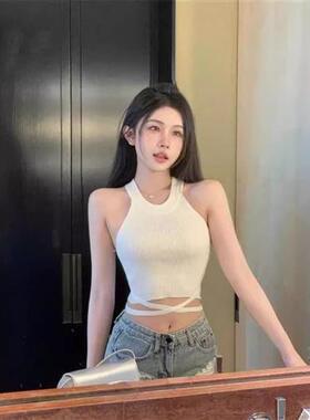 甜辣妹白色针织吊带背心女夏季交叉绑带打底内搭修身短款上衣外穿