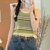 复古撞色条纹无袖 韩版 针织背心女设计感小众外穿流苏上衣 新款 夏季