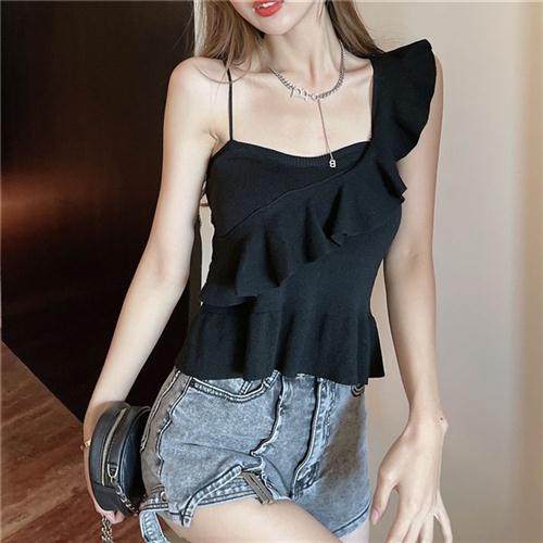 夏季新款性感木耳边小吊带针织背心不规则斜肩内搭外穿上衣潮辣妹