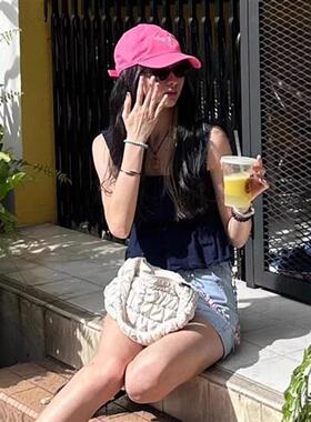 黑色方领木耳边吊带背心女夏季新款辣妹褶皱短款外穿无袖上衣