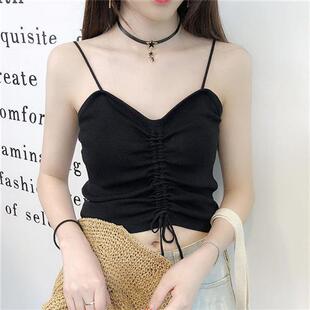 吊带背心女夏抽绳港味复古性感外穿韩版打底原宿冰丝上衣女