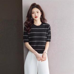 夏季女装新款包芯纱软糯短袖女针织衫条纹恤女圆领背心外贸