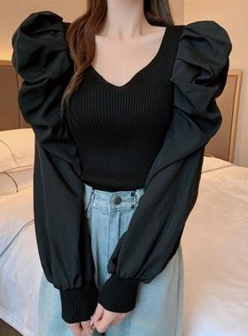 v领针织衫女2024年春秋新款打底衫设计感修身短款泡泡袖长袖上衣