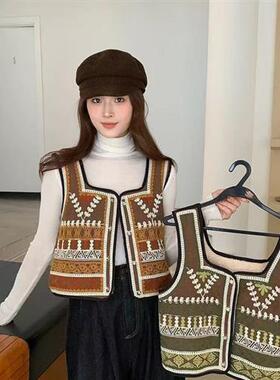 秋冬复古小香风钩花领马甲背心设计感外搭叠穿加绒加厚重工上衣