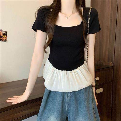 法式撞色拼接方领短袖针织衫女夏季下摆荷叶边裙摆上衣收腰显瘦潮