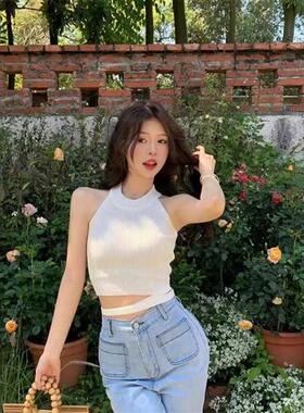 白色气质针织吊带背心外穿夏季洋气性感辣妹高腰绑带短款无袖上衣
