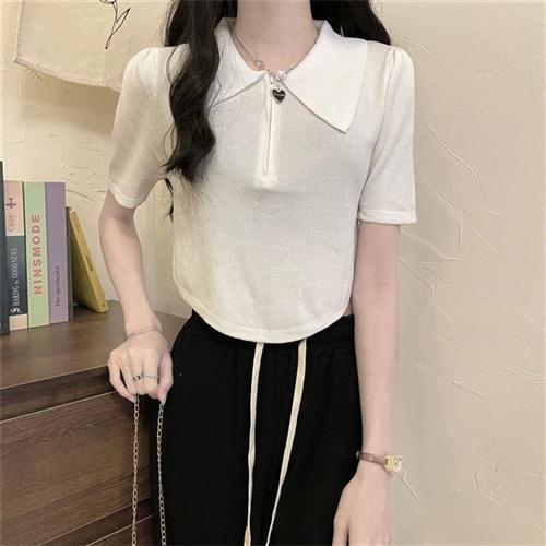 夏季新款短袖t恤女拉链POLO领甜辣妹正肩显瘦百搭休闲打底衫上衣