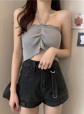 灰色挂脖式吊带女夏季主播性感辣妹背心短款修身露腰无袖上衣