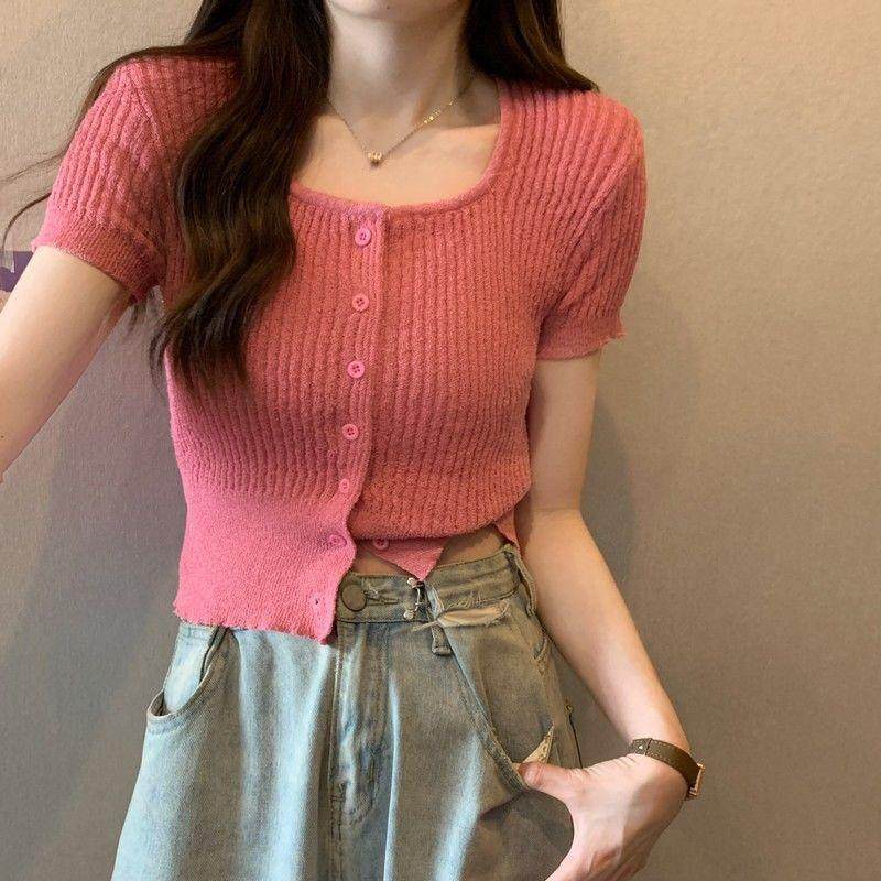 纯色短款针织开衫T恤女夏季新款设计感小个子高腰修身短袖上衣潮