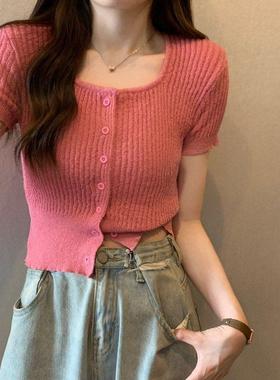 纯色短款针织开衫T恤女夏季新款设计感小个子高腰修身短袖上衣潮