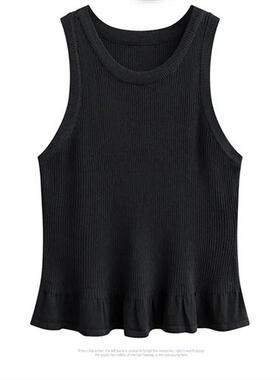 法式木耳边黑色冰丝针织吊带背心女夏款外穿修身短款辣妹无袖上衣