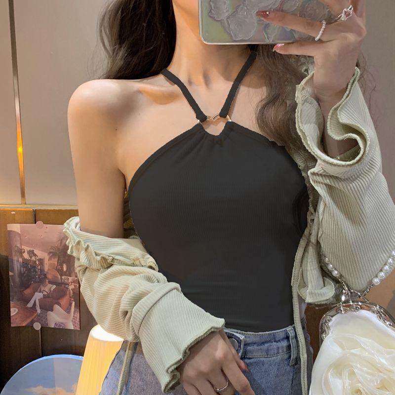 甜辣风吊带背心夏天小心机爱心金属扣短款露脐辣妹纯色百搭上衣女