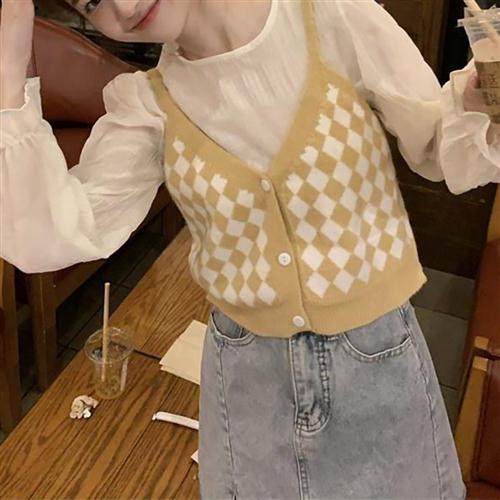 现货时尚小香风格子针织小吊带马甲背心2023新款坎肩毛衣外套上衣