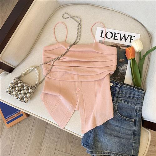 不规则开叉吊带背心女夏季褶皱设计感内搭打底衫外穿甜辣抹胸上衣