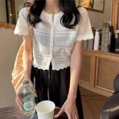 短款 小香风镂空薄款 上衣 新款 单排扣木耳边修身 短袖 针织T恤女夏季