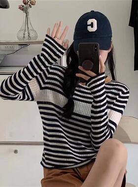 撞色条纹长袖针织衫女秋冬季新款经典洋气短款内搭毛衣打底衫