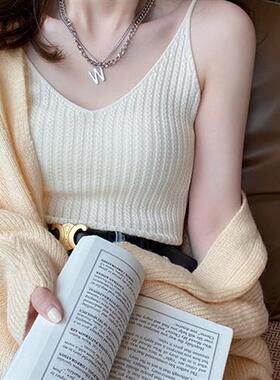 工厂现货针织吊带女配小西装内搭白色打底背心v领设计感外穿紧身