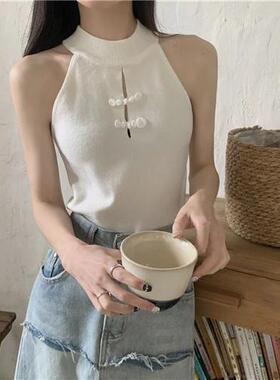 辣妹中式黑色盘扣镂空无袖背心针织夏季修身气质外穿国风短款上衣