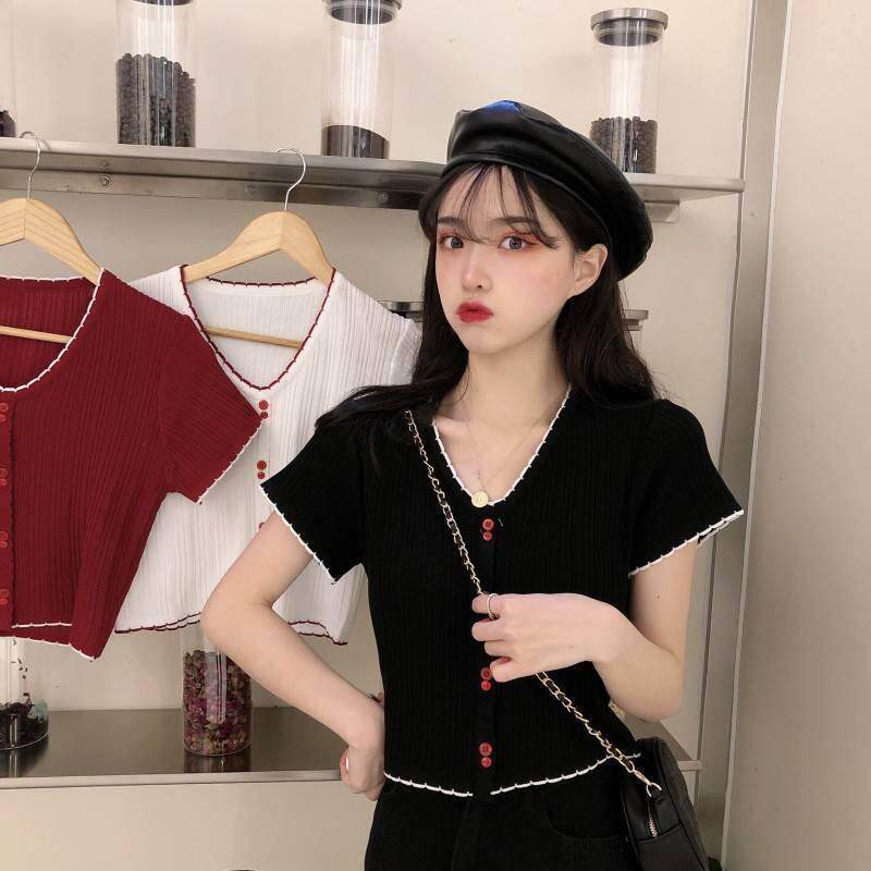 夏季小清新流行百搭韩版V领单排扣短款减龄针织衫修身显瘦T恤上衣
