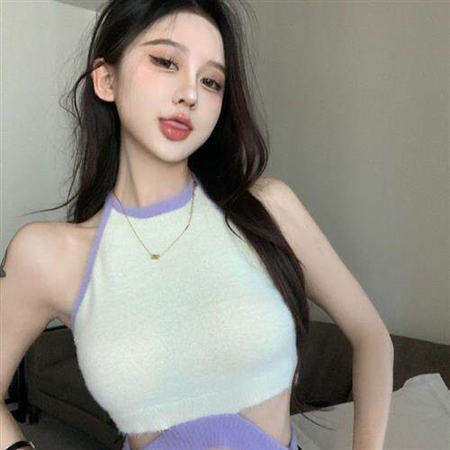 外网撞色背心女夏季新款挂脖吊带甜辣镂空修身网红无袖上衣潮