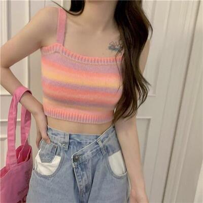 彩虹条纹针织辣妹吊带背心夏季打底新款修身显瘦百搭外穿短款上衣