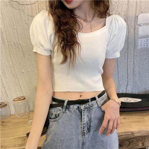 港味复古短袖t恤女高腰纯色夏季辣妹穿搭性感露脐短款上衣服ins潮