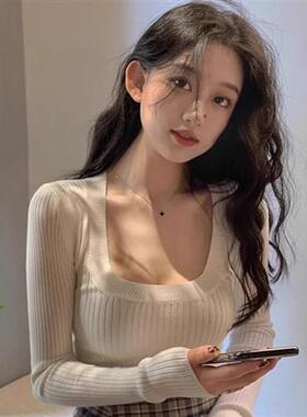法式方领内搭针织打底衫女秋季性感高腰显瘦短款套头拼接毛衣上衣