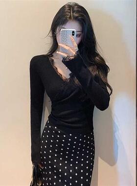 时尚辣妹蕾丝拼接领紫色长袖恤女冬季新款修身显瘦内搭打底上衣