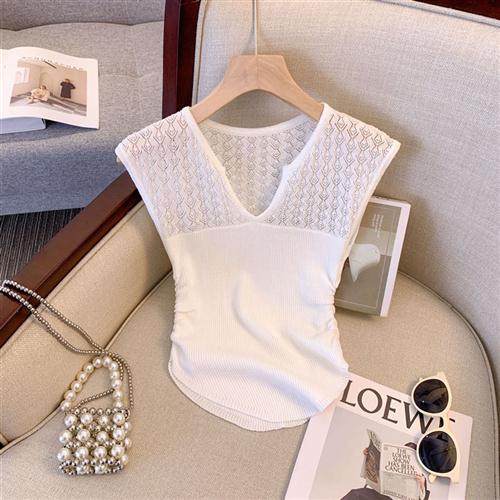 2024法式气质显瘦薄款气质针织衫女夏季性感无袖背心上衣短款T恤