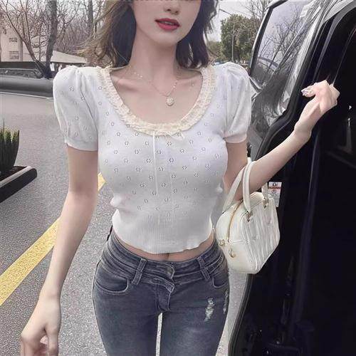 蕾丝花边修身短袖t恤女2024新款夏季甜美短款韩系chic别致上衣潮
