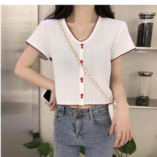 夏季新款V领短袖白色显瘦T恤短款针织衫修身小清新矮个子短款上衣